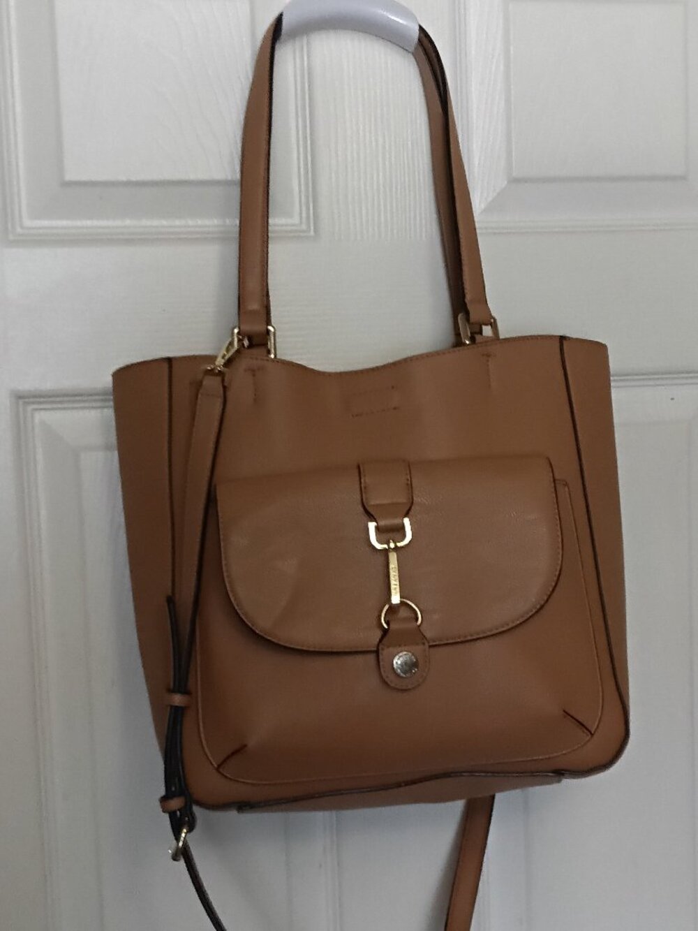 CALVIN KLEIN Unlined Pebble Leather Buckle Tote in Tan